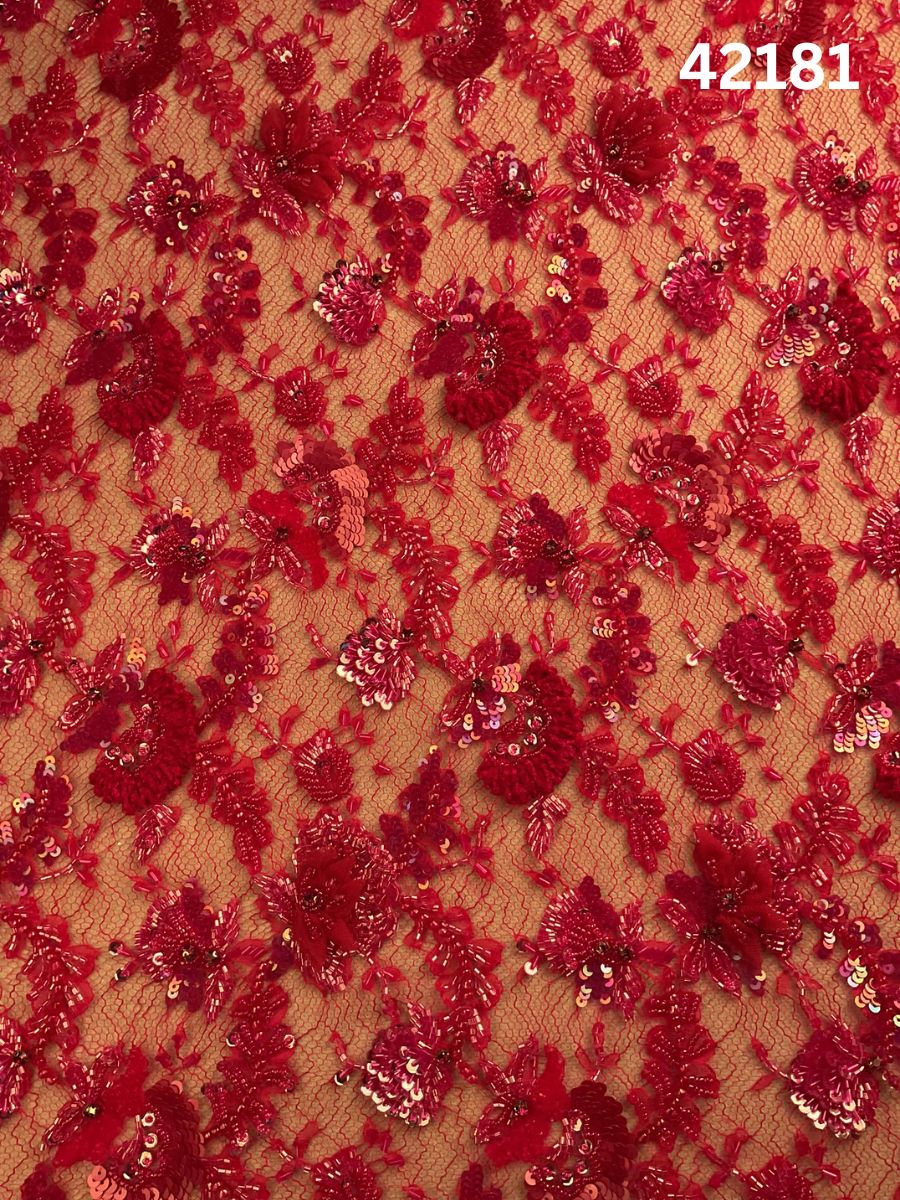 #42181 Opulent Hand-Beaded Red Floral Lace Fabric – Embellished with Beads, Sequins, Rhinestones, and Appliqués for Haute Couture, Bridal, and Evening Wear