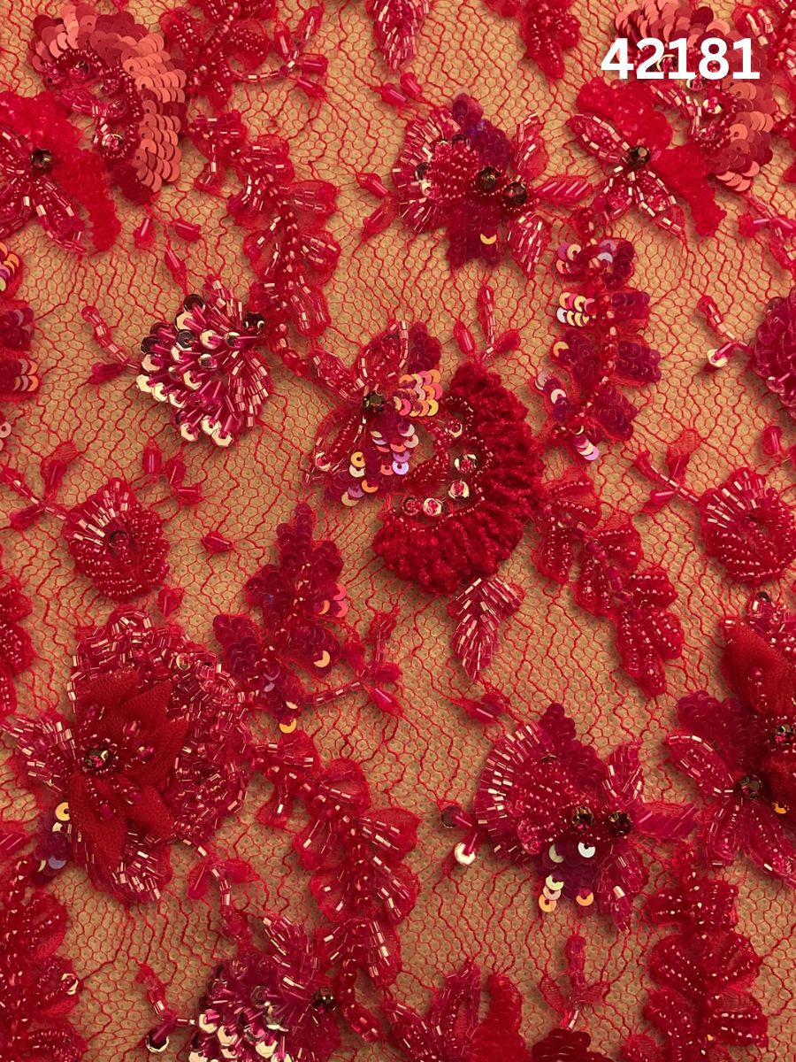 #42181 Opulent Hand-Beaded Red Floral Lace Fabric – Embellished with Beads, Sequins, Rhinestones, and Appliqués for Haute Couture, Bridal, and Evening Wear