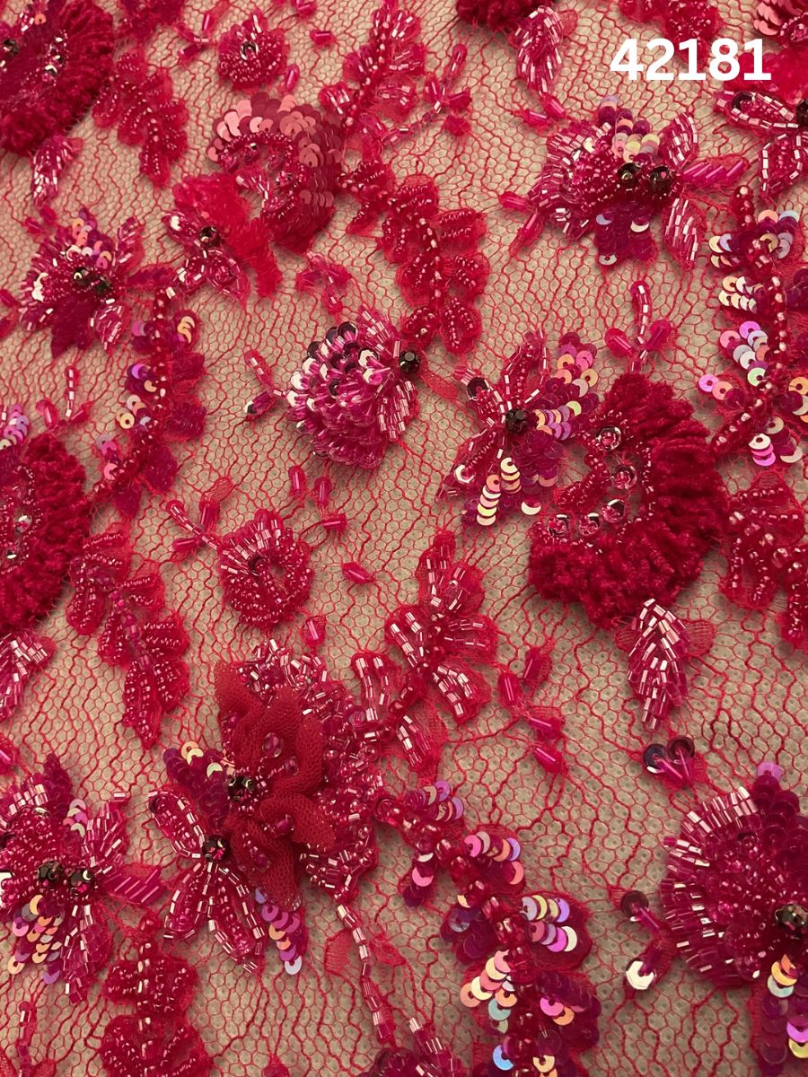 #42181 Opulent Hand-Beaded Red Floral Lace Fabric – Embellished with Beads, Sequins, Rhinestones, and Appliqués for Haute Couture, Bridal, and Evening Wear