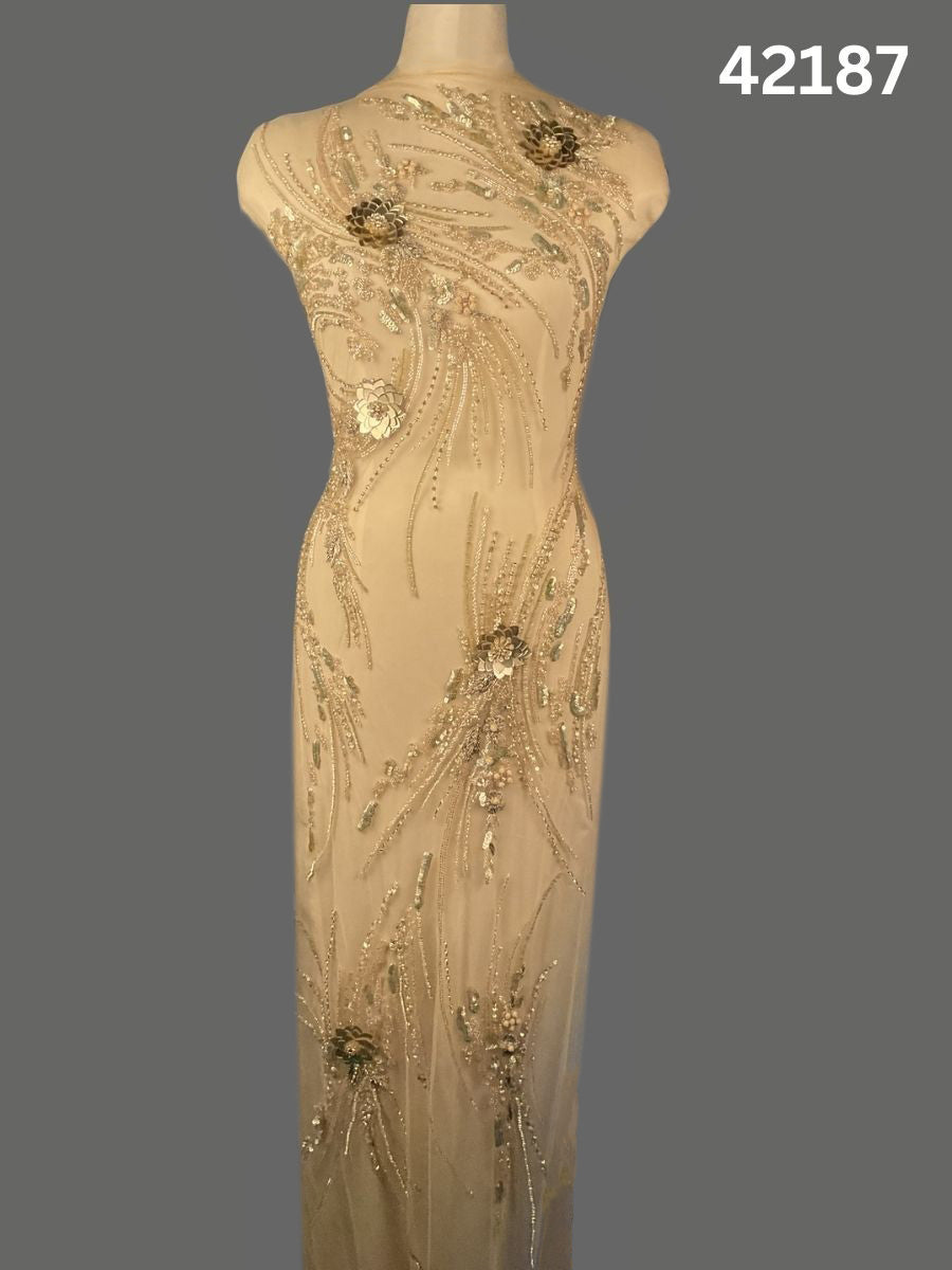 #42187 Radiant Gold Abstract Hand-Beaded Fabric with Textured Beads & Light-Catching Sequins