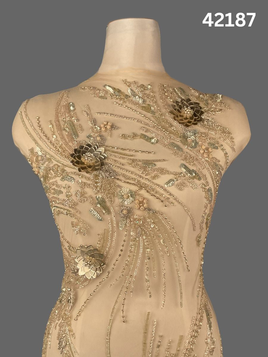 #42187 Radiant Gold Abstract Hand-Beaded Fabric with Textured Beads & Light-Catching Sequins