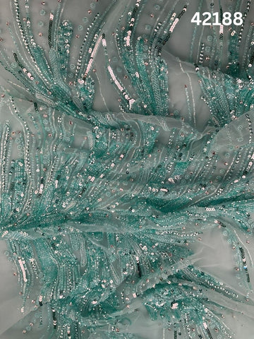 #42188 Ethereal Mint Green & Silver Abstract Hand-Beaded Fabric with Intricate Beads and Sequins