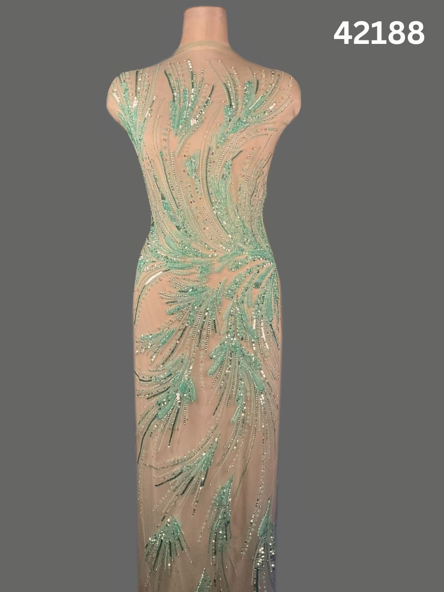 #42188 Ethereal Mint Green & Silver Abstract Hand-Beaded Fabric with Intricate Beads and Sequins