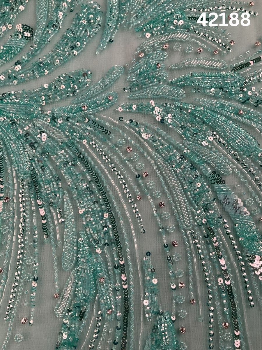 #42188 Ethereal Mint Green & Silver Abstract Hand-Beaded Fabric with Intricate Beads and Sequins