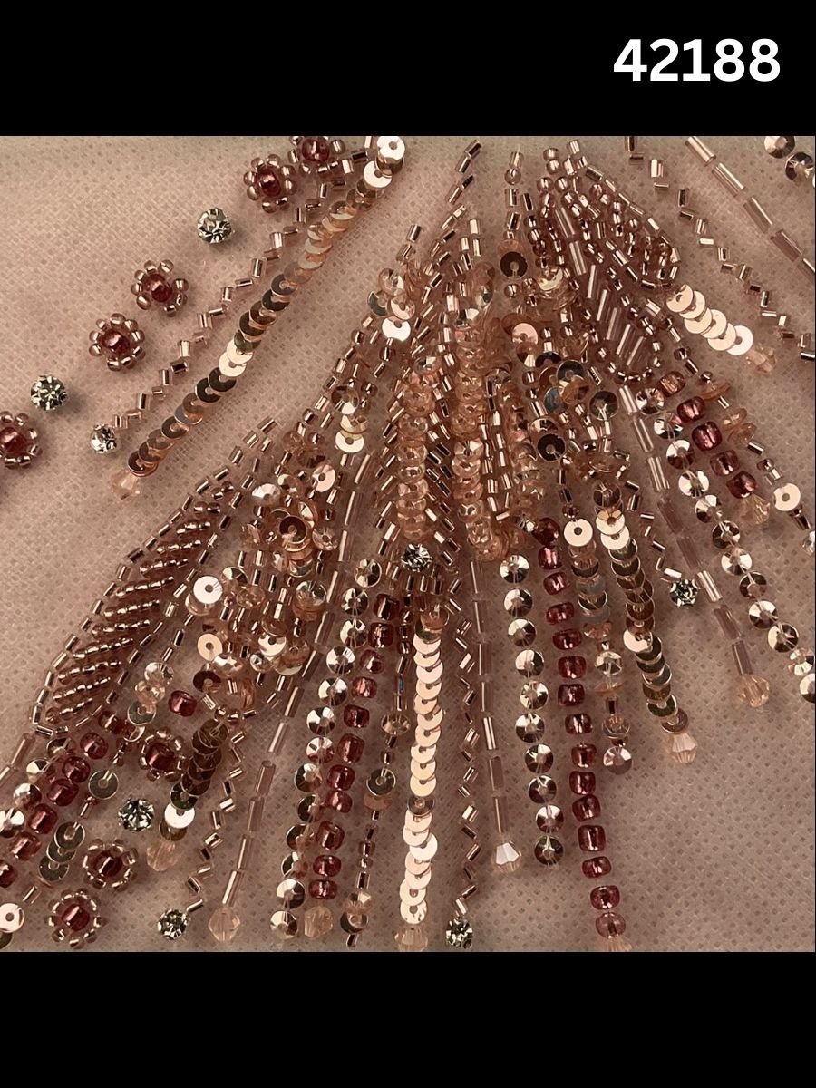 #42188 Ethereal Mint Green & Silver Abstract Hand-Beaded Fabric with Intricate Beads and Sequins