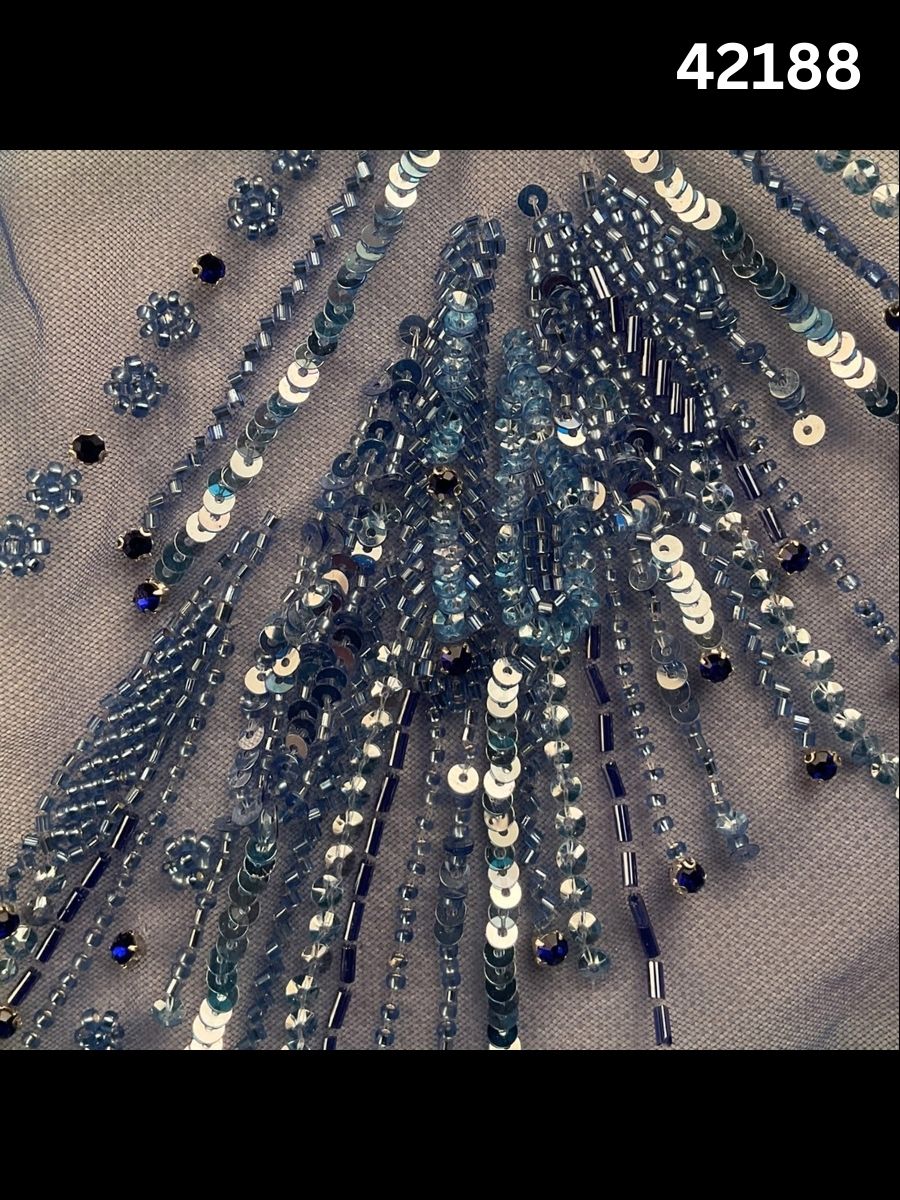 #42188 Ethereal Mint Green & Silver Abstract Hand-Beaded Fabric with Intricate Beads and Sequins