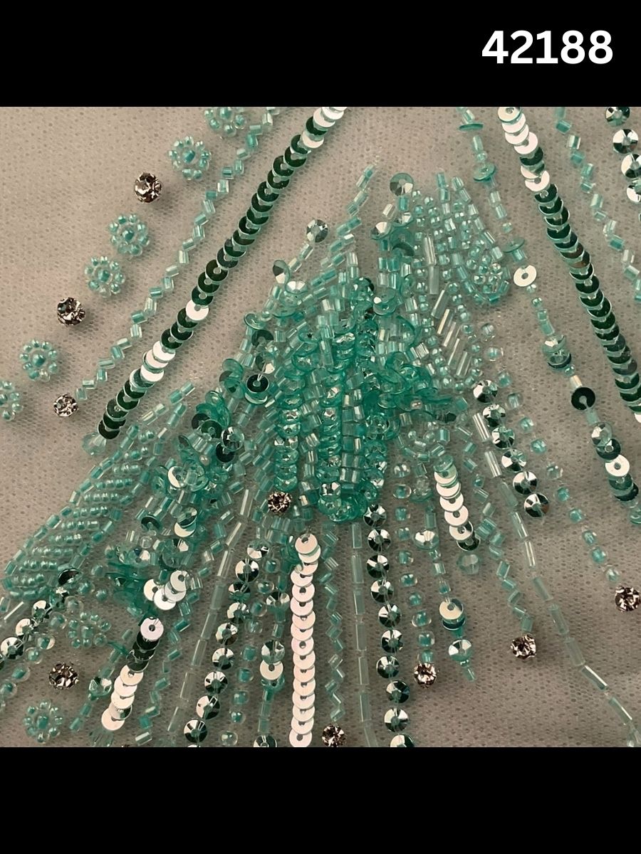 #42188 Ethereal Mint Green & Silver Abstract Hand-Beaded Fabric with Intricate Beads and Sequins
