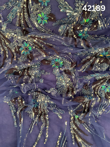 #42189 Multi colour Floral Hand-Beaded Fabric with Rhinestones, Sequins & Thread work