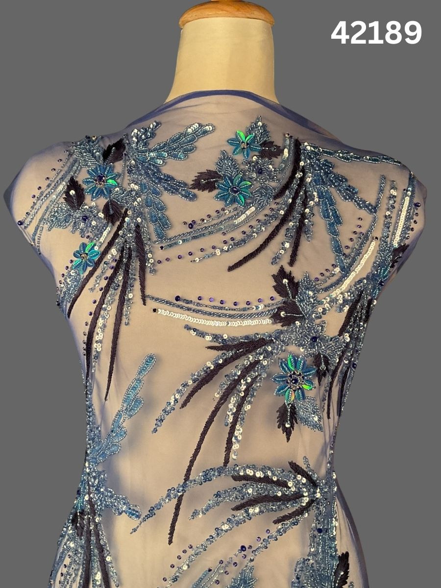 #42189 Multi colour Floral Hand-Beaded Fabric with Rhinestones, Sequins & Thread work