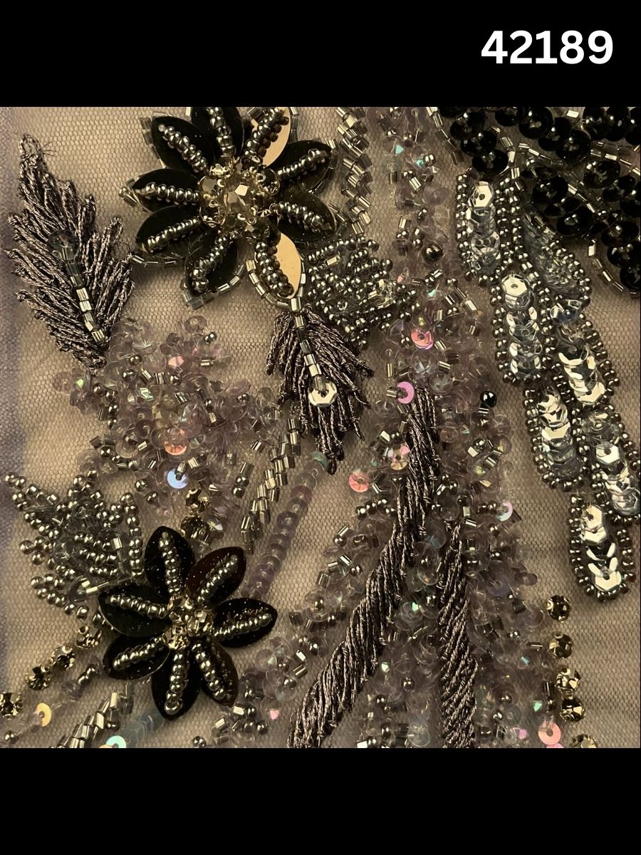 #42189 Multi colour Floral Hand-Beaded Fabric with Rhinestones, Sequins & Thread work