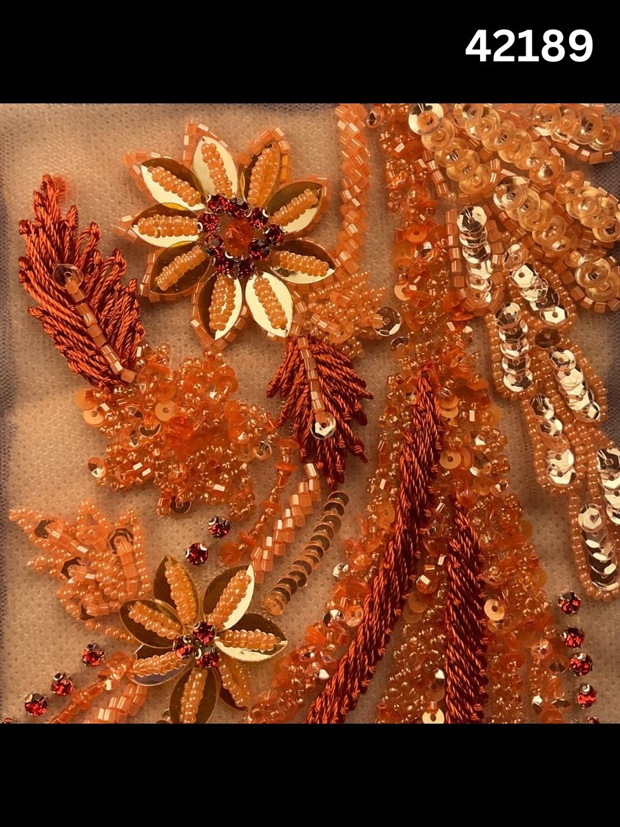 #42189 Multi colour Floral Hand-Beaded Fabric with Rhinestones, Sequins & Thread work