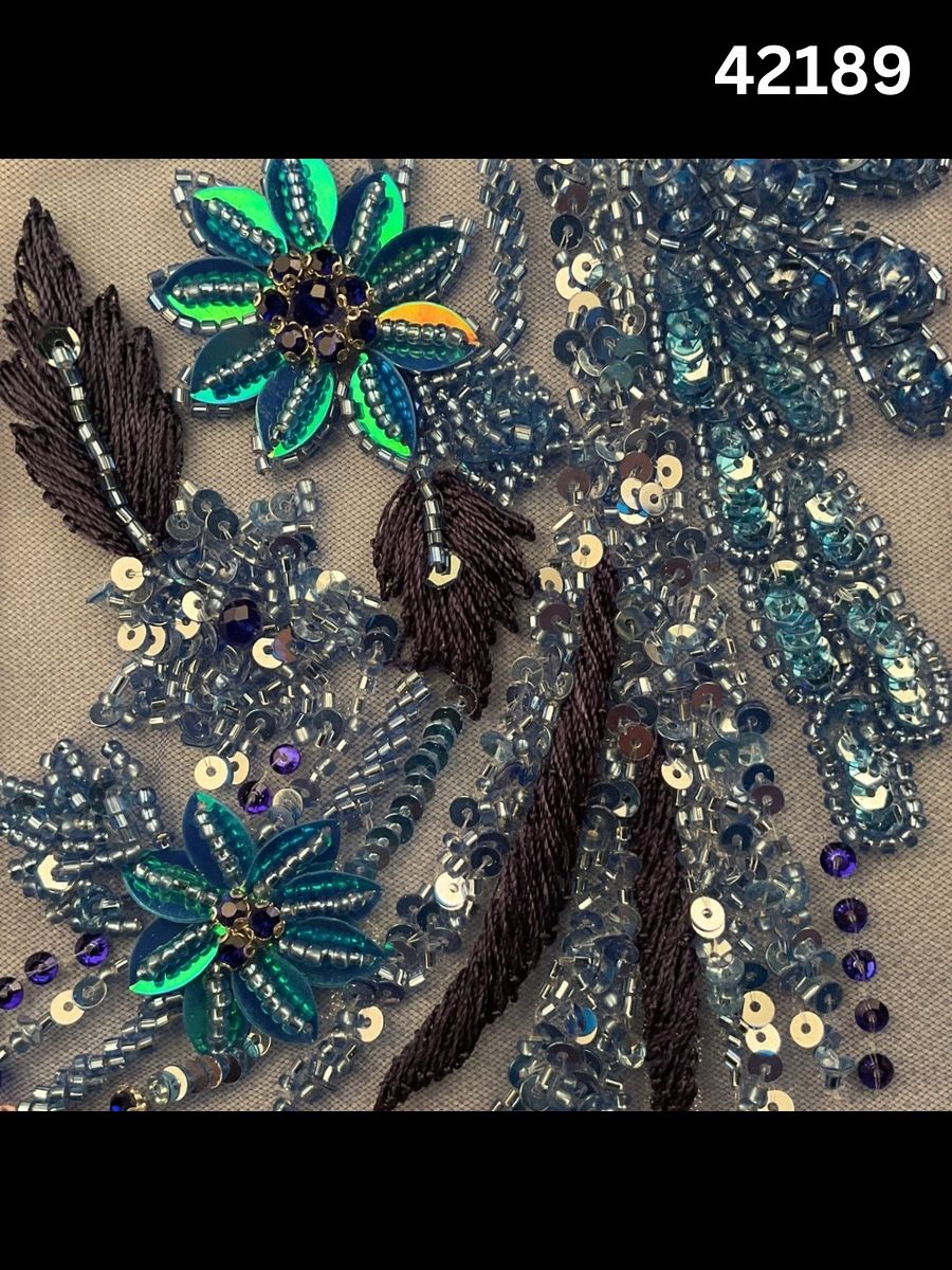 #42189 Multi colour Floral Hand-Beaded Fabric with Rhinestones, Sequins & Thread work