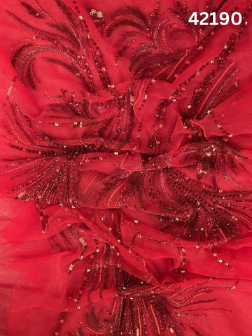 #42190  Red Hand-Beaded Fabric with Sequins, Thread work & Beads