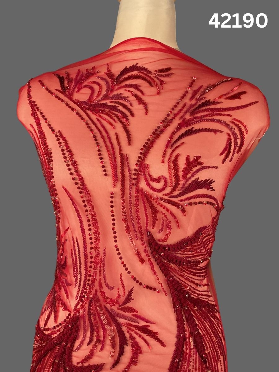 #42190  Red Hand-Beaded Fabric with Sequins, Thread work & Beads