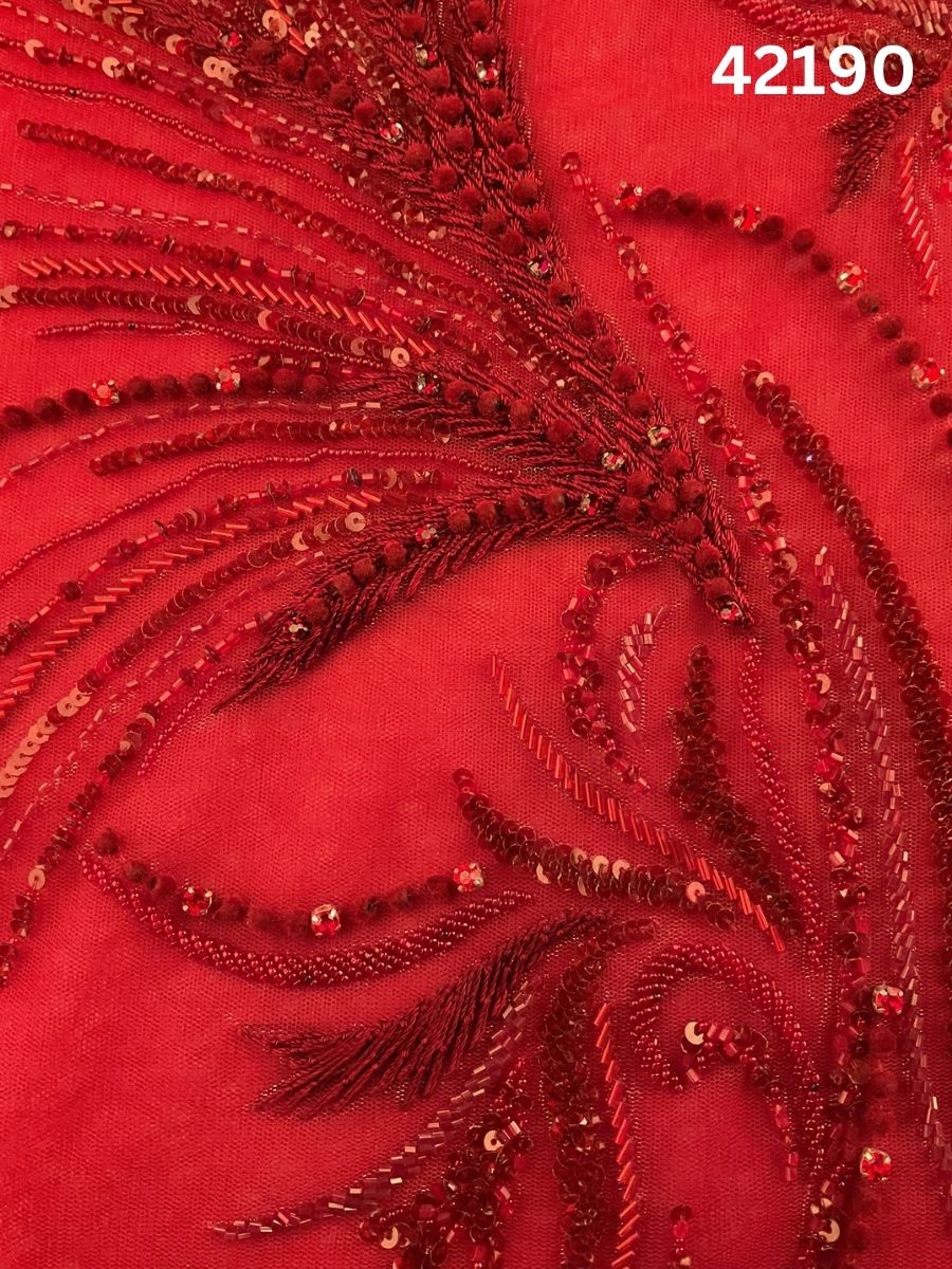 #42190  Red Hand-Beaded Fabric with Sequins, Thread work & Beads