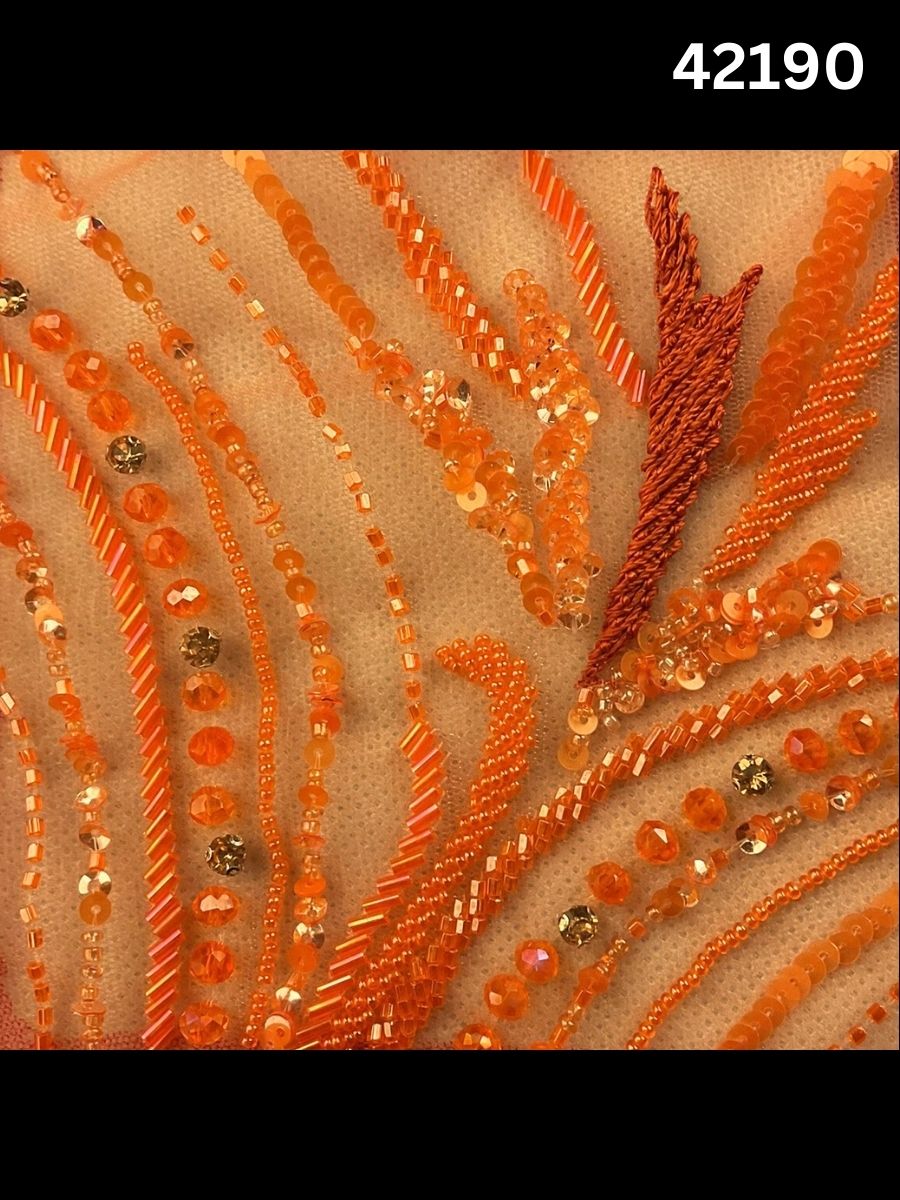 #42190  Red Hand-Beaded Fabric with Sequins, Thread work & Beads