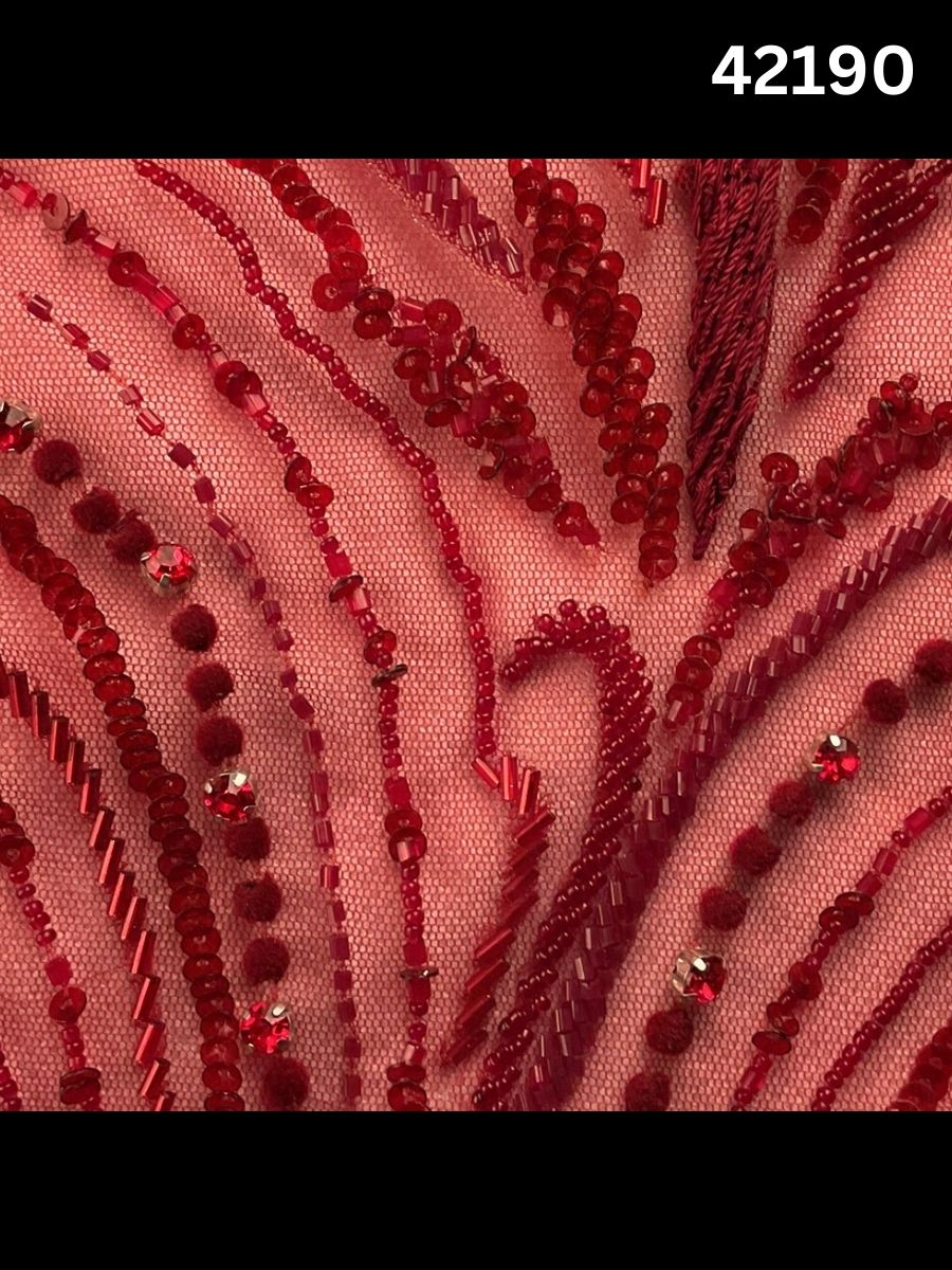 #42190  Red Hand-Beaded Fabric with Sequins, Thread work & Beads