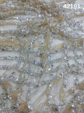 #42191 Silver Hand-Beaded Fabric with Sequins, Rhinestones & Beads