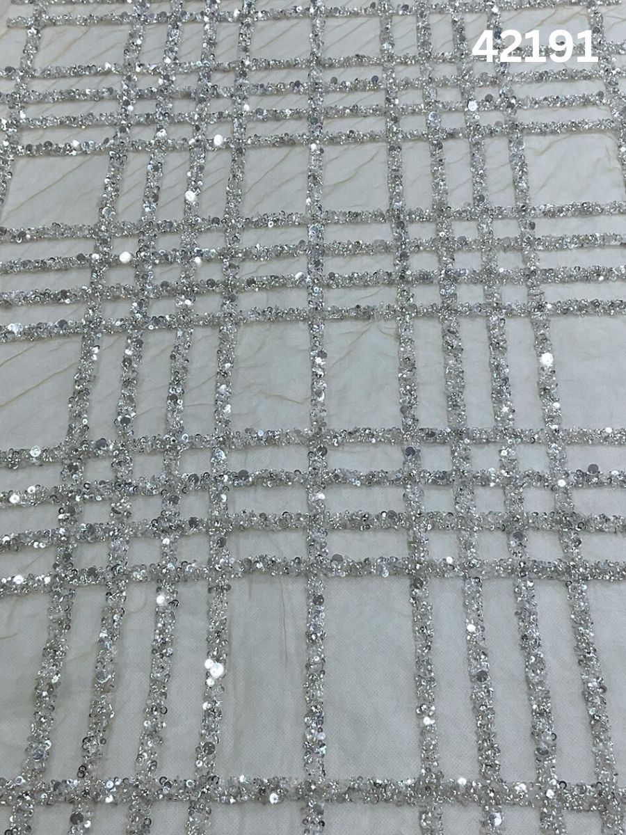 #42191 Silver Hand-Beaded Fabric with Sequins, Rhinestones & Beads