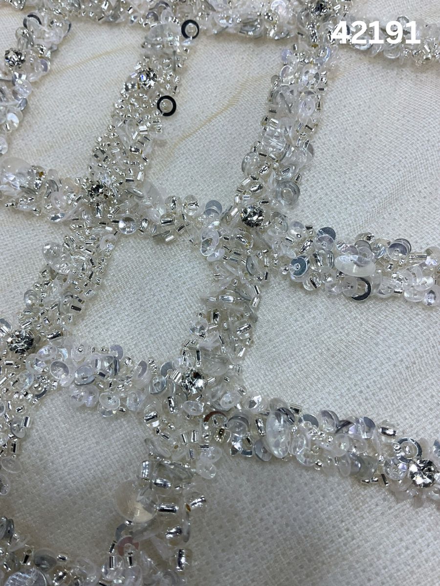 #42191 Silver Hand-Beaded Fabric with Sequins, Rhinestones & Beads