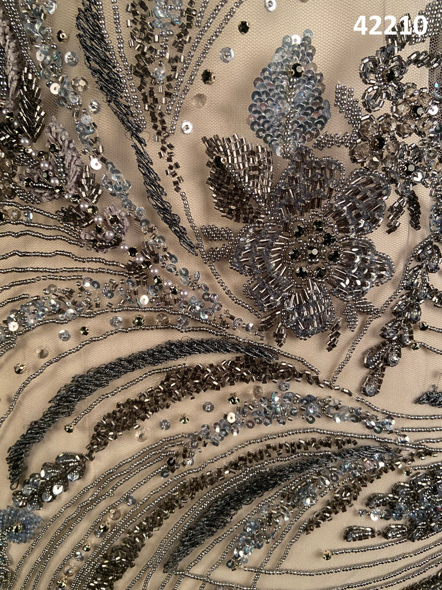 #42210 Whispering Winds: Hand-Beaded Fabric with Delicate Beads, Radiant Rhinestones and Sequins