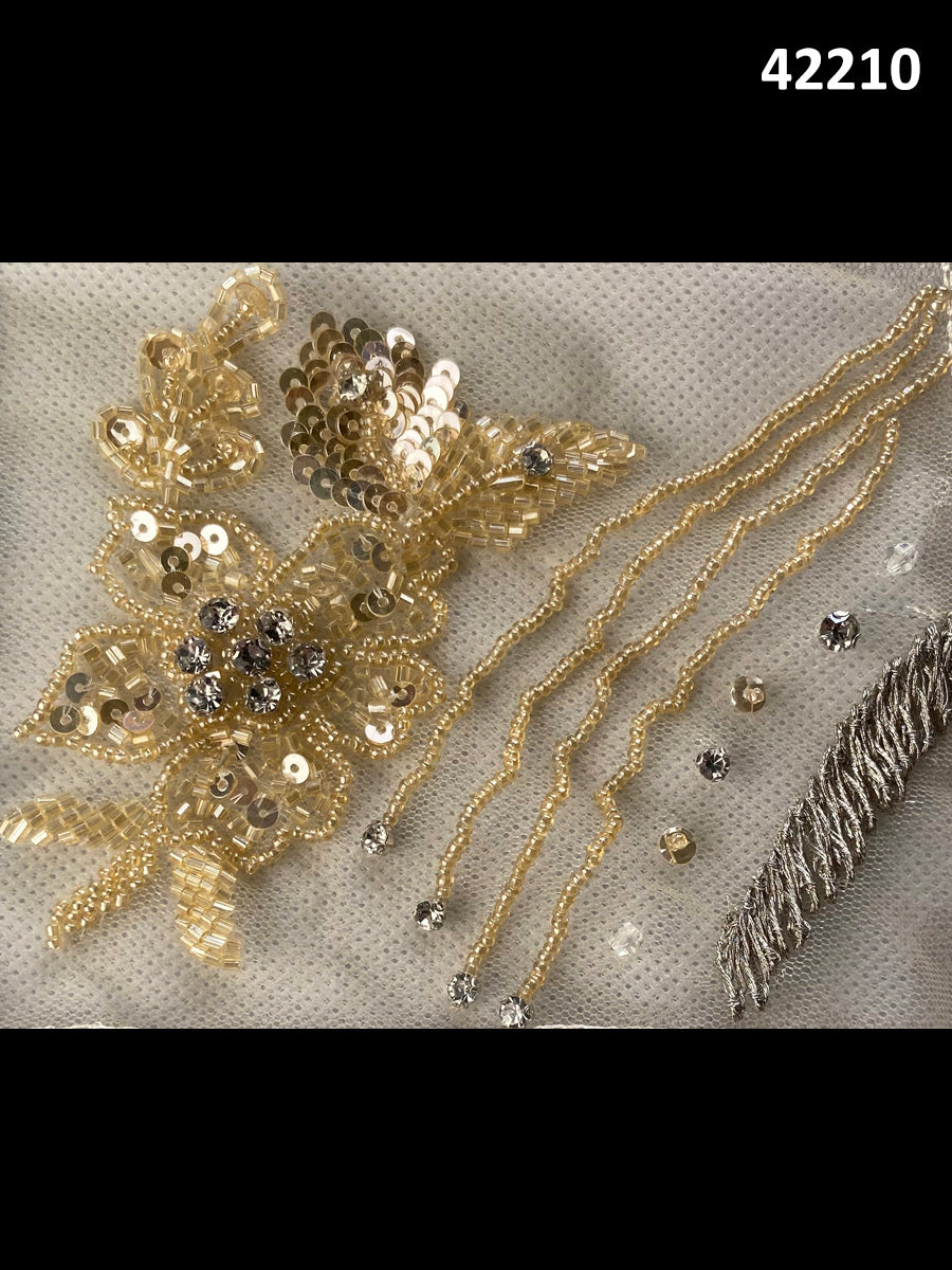 #42210 Whispering Winds: Hand-Beaded Fabric with Delicate Beads, Radiant Rhinestones and Sequins