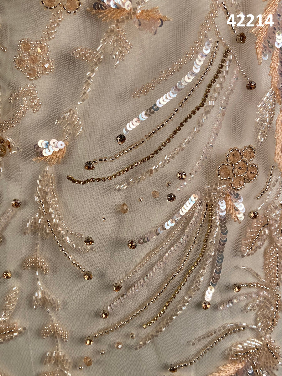 #42214 Whispering Winds: Hand-Beaded Fabric with Delicate Beads, Sparkling Rhinestones and Sequins