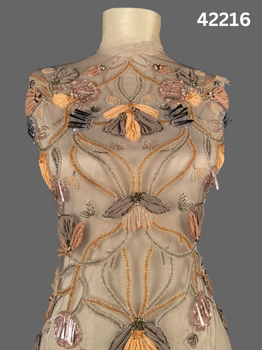 #42216 Luxurious Hand-Beaded Fabric in Floral Design – Adorned with Intricate Rhinestones, Beads, Sequins, and Appliqués for Couture, Bridal, and Statement Fashion