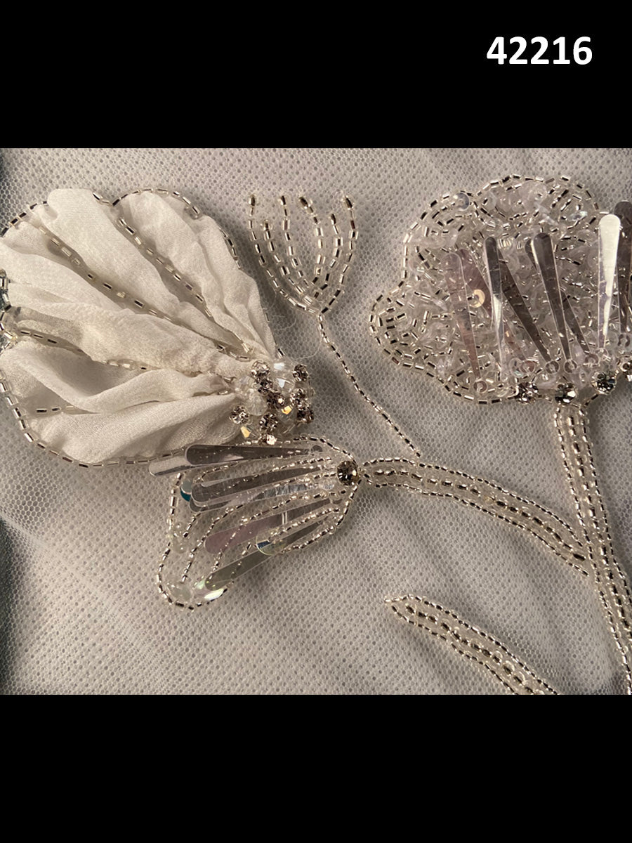 #42216 Luxurious Hand-Beaded Fabric in Floral Design – Adorned with Intricate Rhinestones, Beads, Sequins, and Appliqués for Couture, Bridal, and Statement Fashion