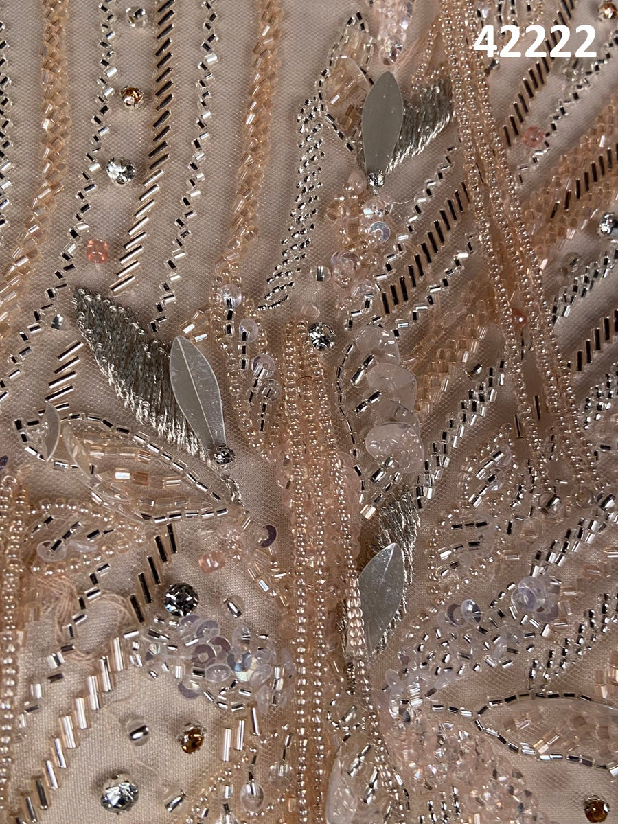 #42222 Elegant Abstract Design Fabric with Beaded Sequins, Rhinestones, Thread Work, and Tassels – A Luxurious Embellished Textile for High-End Fashion