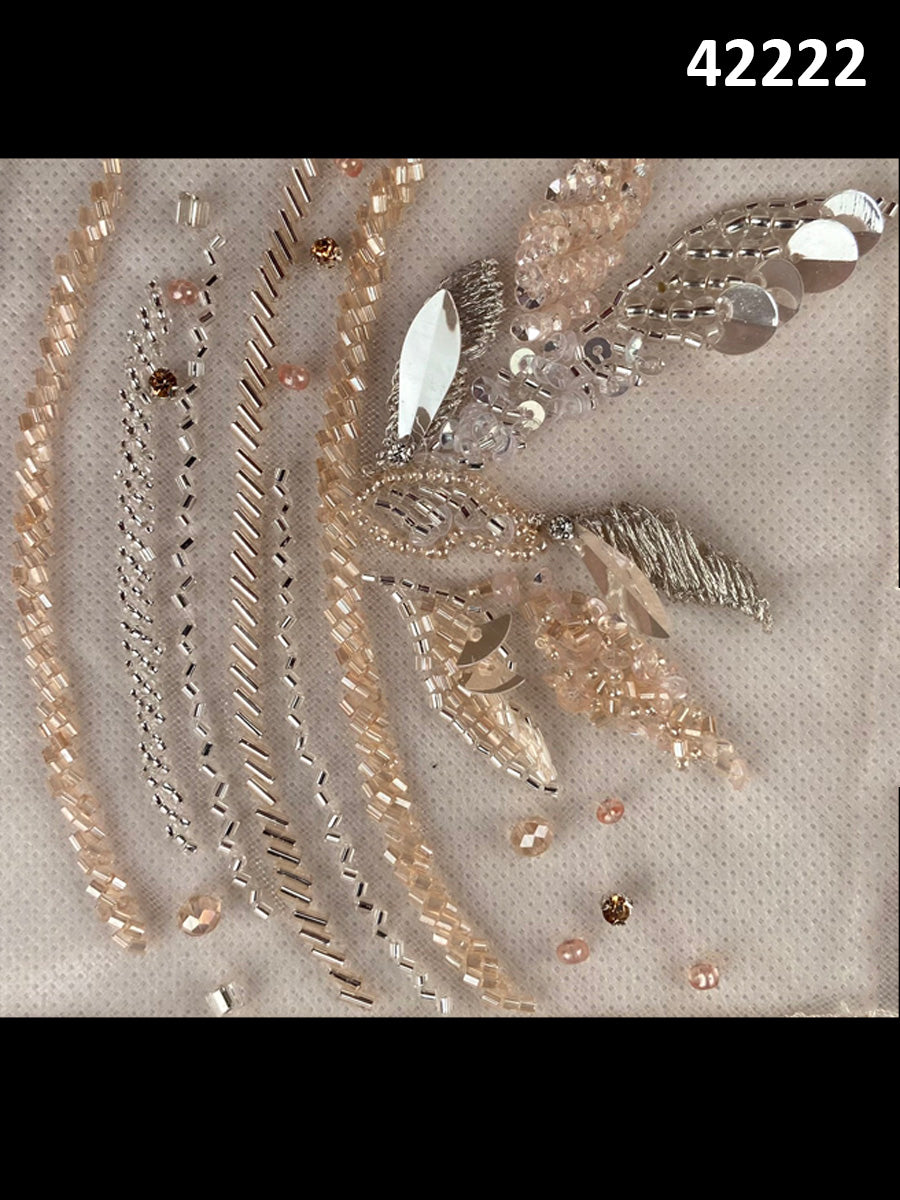 #42222 Elegant Abstract Design Fabric with Beaded Sequins, Rhinestones, Thread Work, and Tassels – A Luxurious Embellished Textile for High-End Fashion