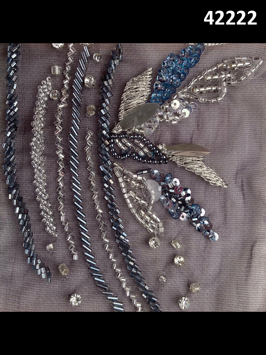 #42222 Elegant Abstract Design Fabric with Beaded Sequins, Rhinestones, Thread Work, and Tassels – A Luxurious Embellished Textile for High-End Fashion