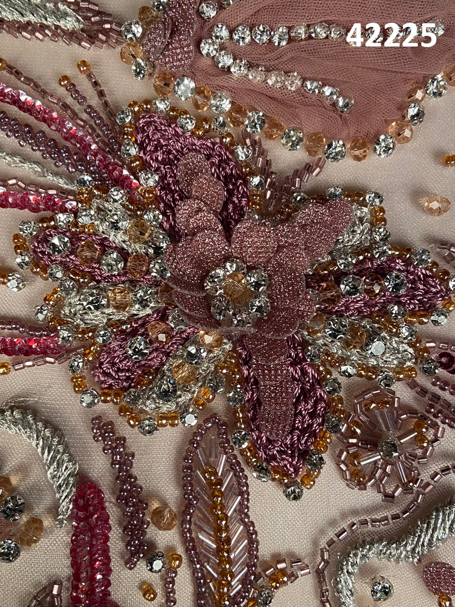 #42225 Vibrant Floral Design Fabric with Crystal and Sequin Beading, Embellished with Appliques – A Luxurious and Ornate Textile for Fashion