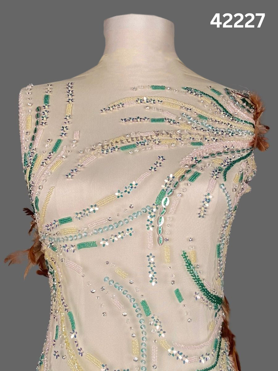 #42227 Multicolour Hand-Beaded Fabric with Feathers, Rhinestones, Beads & Sequins