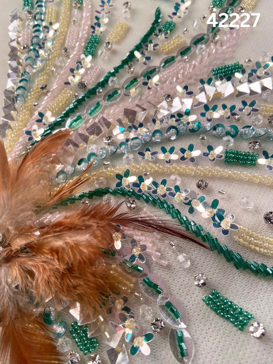 #42227 Multicolour Hand-Beaded Fabric with Feathers, Rhinestones, Beads & Sequins