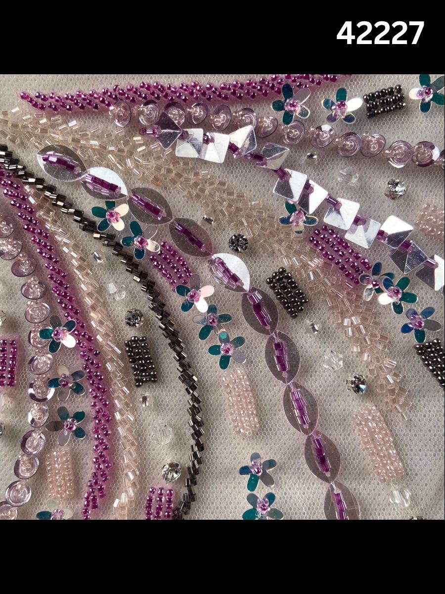 #42227 Multicolour Hand-Beaded Fabric with Feathers, Rhinestones, Beads & Sequins