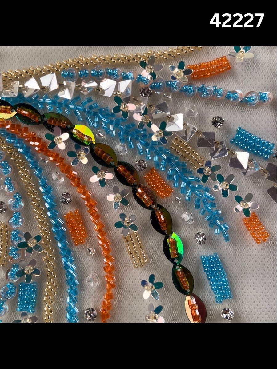 #42227 Multicolour Hand-Beaded Fabric with Feathers, Rhinestones, Beads & Sequins