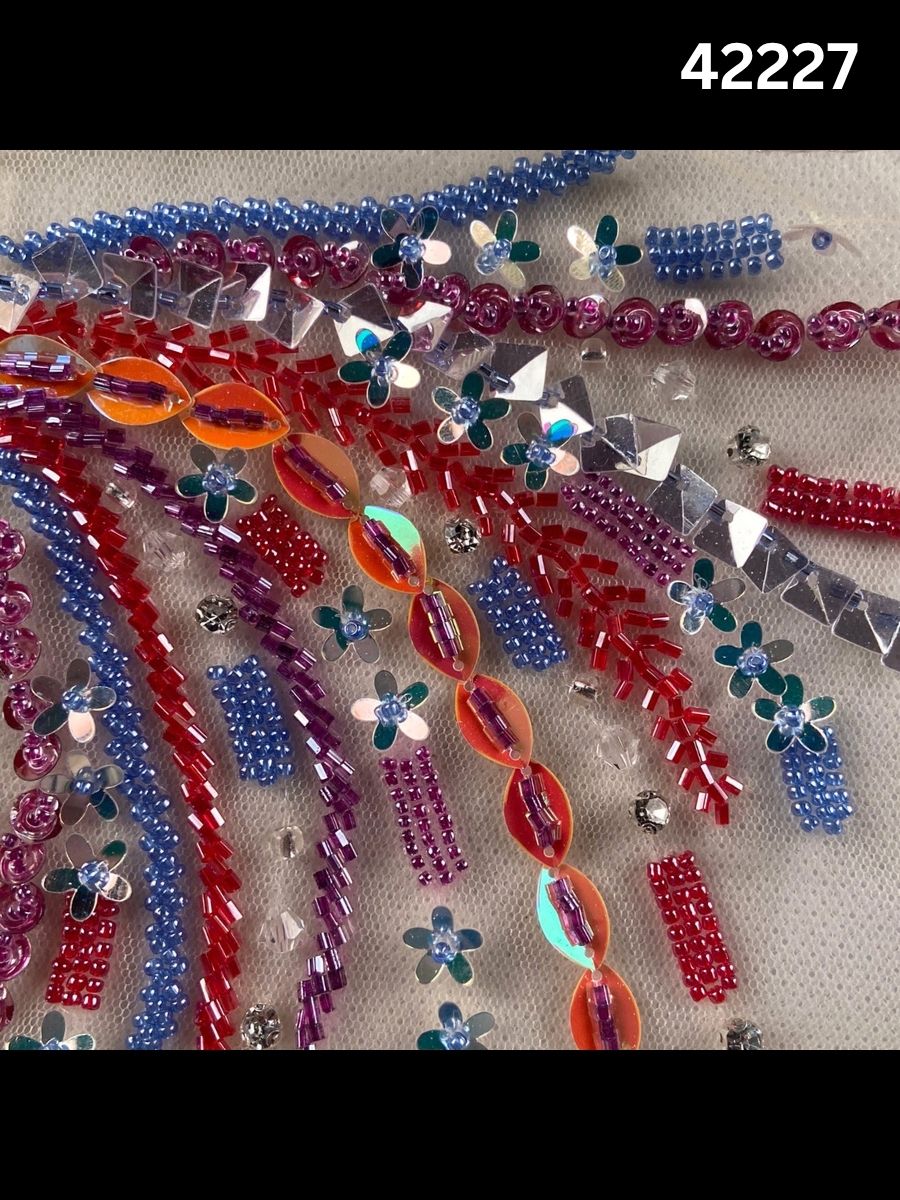 #42227 Multicolour Hand-Beaded Fabric with Feathers, Rhinestones, Beads & Sequins