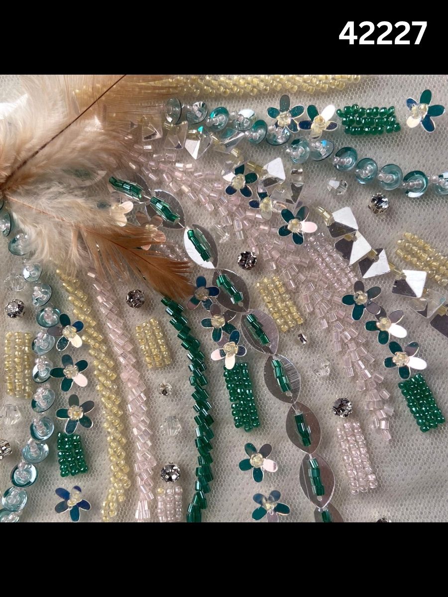 #42227 Multicolour Hand-Beaded Fabric with Feathers, Rhinestones, Beads & Sequins