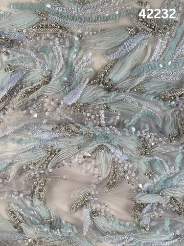 #42232 Elegant Abstract Fabric Design Beaded with Intricate Beads, Appliqués, Rhinestones, and Crystals – A Stunning Fusion of Modern Artistry and Glamour