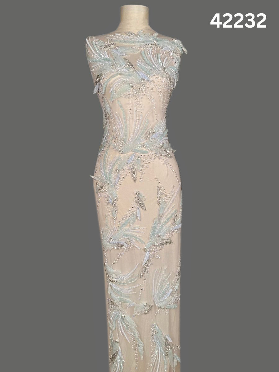 #42232 Elegant Abstract Fabric Design Beaded with Intricate Beads, Appliqués, Rhinestones, and Crystals – A Stunning Fusion of Modern Artistry and Glamour