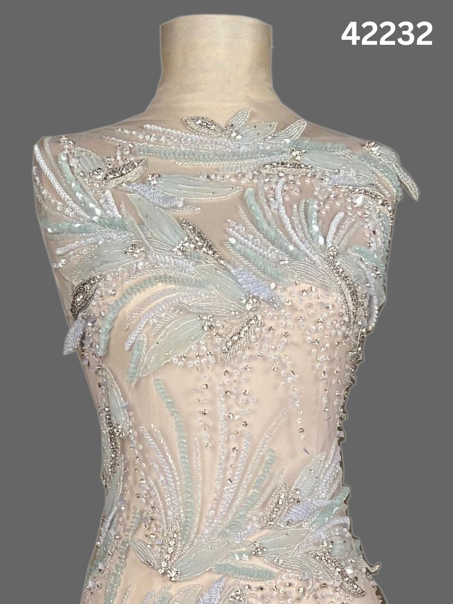 #42232 Elegant Abstract Fabric Design Beaded with Intricate Beads, Appliqués, Rhinestones, and Crystals – A Stunning Fusion of Modern Artistry and Glamour