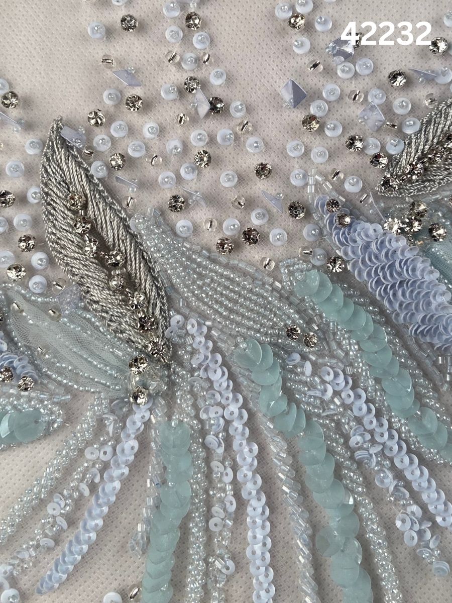 #42232 Elegant Abstract Fabric Design Beaded with Intricate Beads, Appliqués, Rhinestones, and Crystals – A Stunning Fusion of Modern Artistry and Glamour