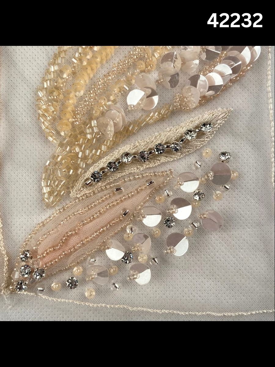 #42232 Elegant Abstract Fabric Design Beaded with Intricate Beads, Appliqués, Rhinestones, and Crystals – A Stunning Fusion of Modern Artistry and Glamour