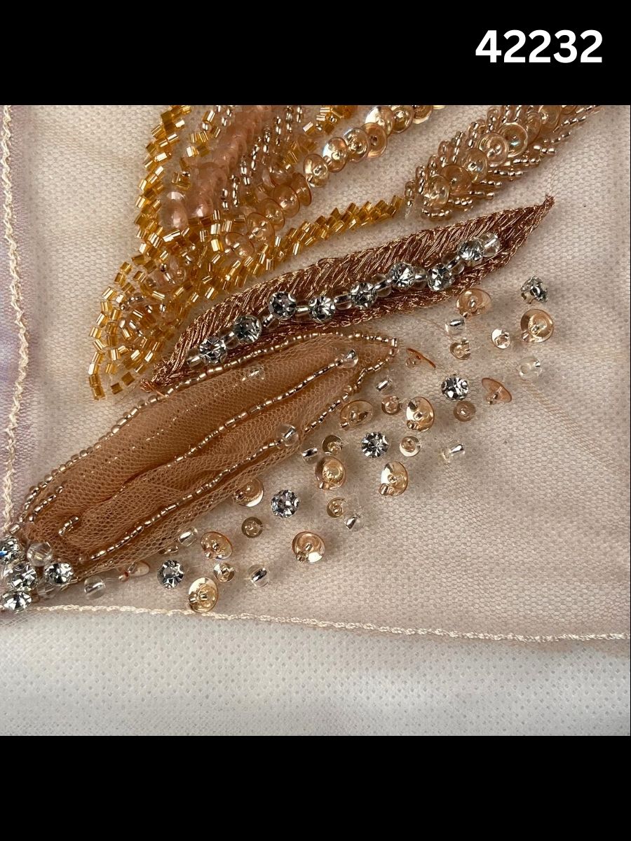 #42232 Elegant Abstract Fabric Design Beaded with Intricate Beads, Appliqués, Rhinestones, and Crystals – A Stunning Fusion of Modern Artistry and Glamour