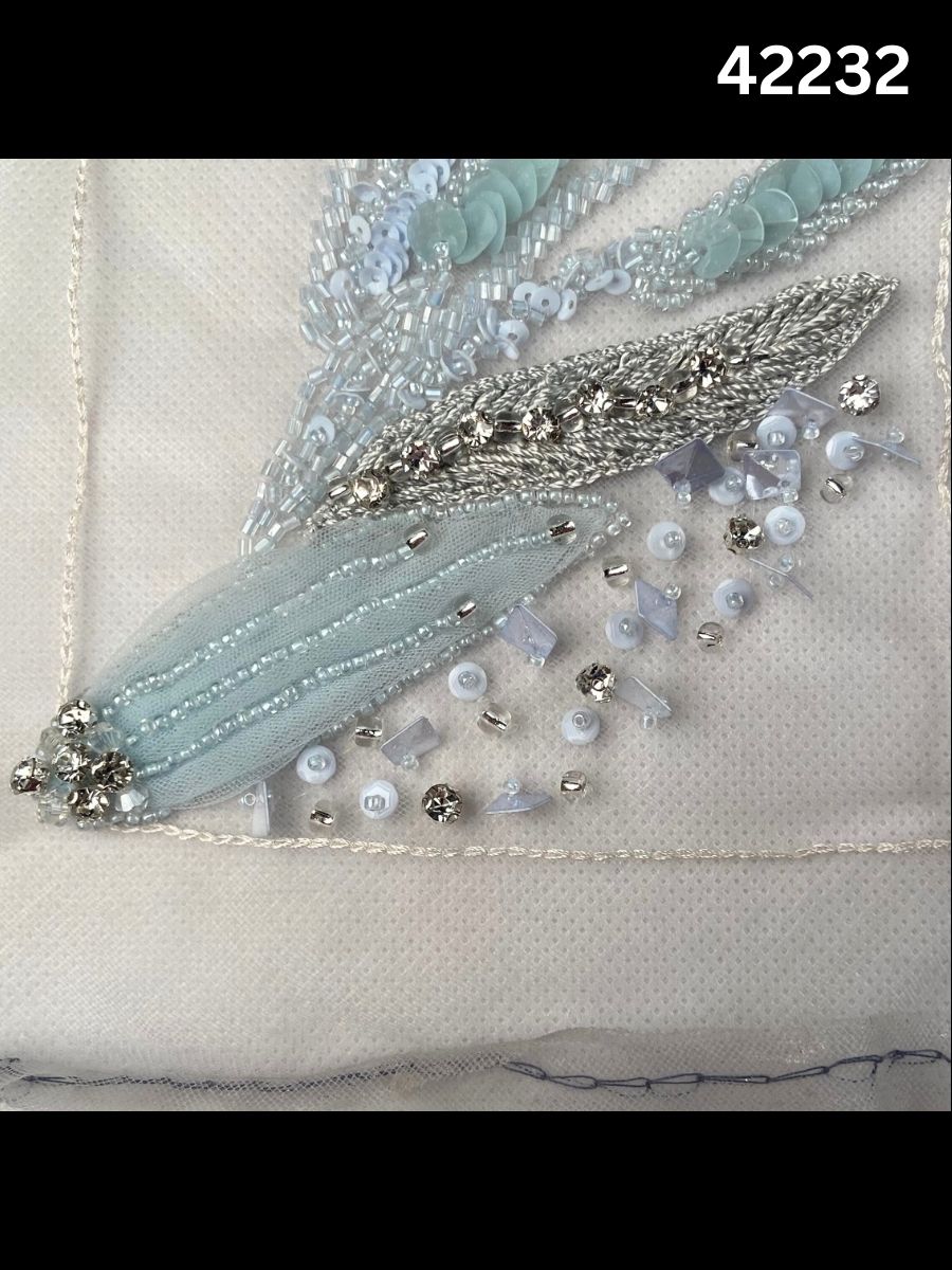 #42232 Elegant Abstract Fabric Design Beaded with Intricate Beads, Appliqués, Rhinestones, and Crystals – A Stunning Fusion of Modern Artistry and Glamour