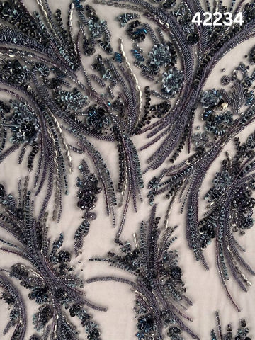 #42234 Dark Grey Floral Hand-Beaded Fabric with Sequins & Beads
