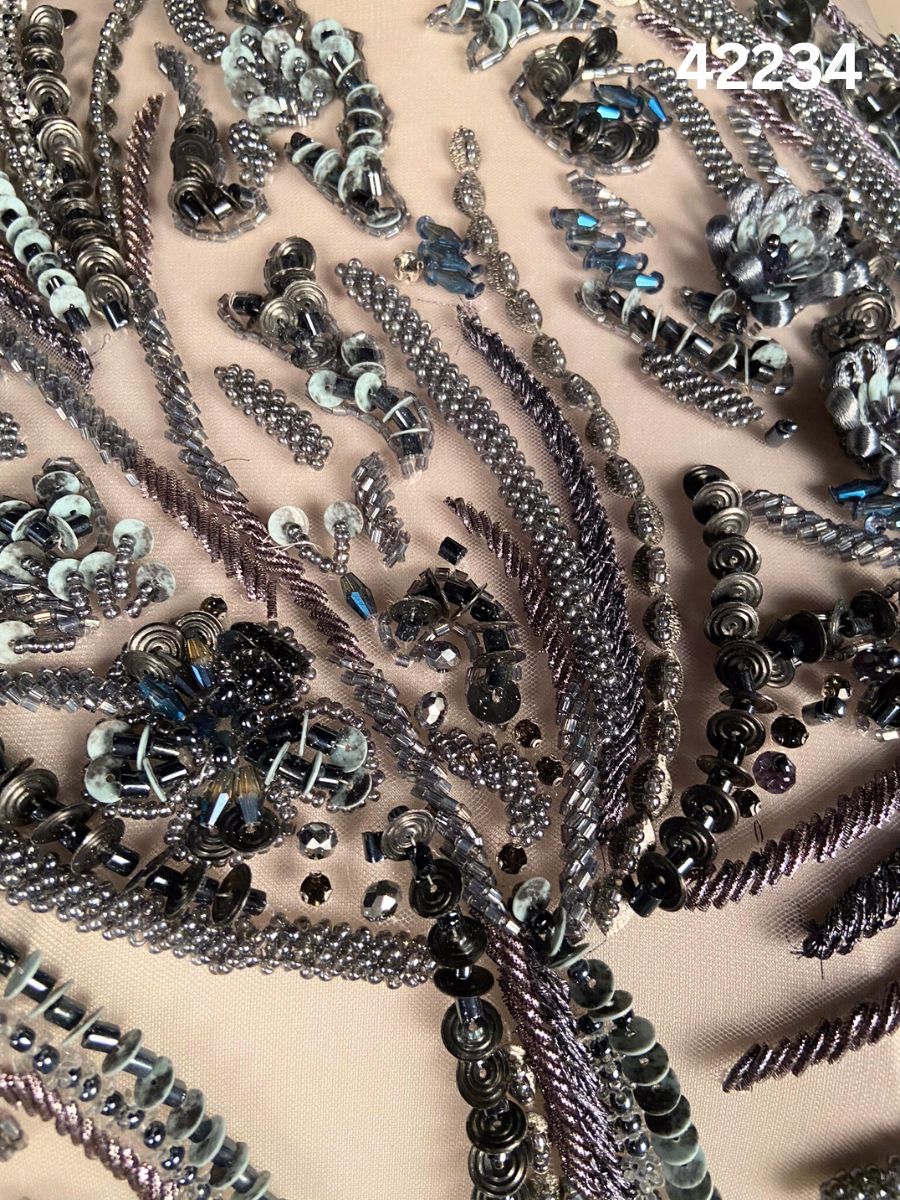 #42234 Dark Grey Floral Hand-Beaded Fabric with Sequins & Beads