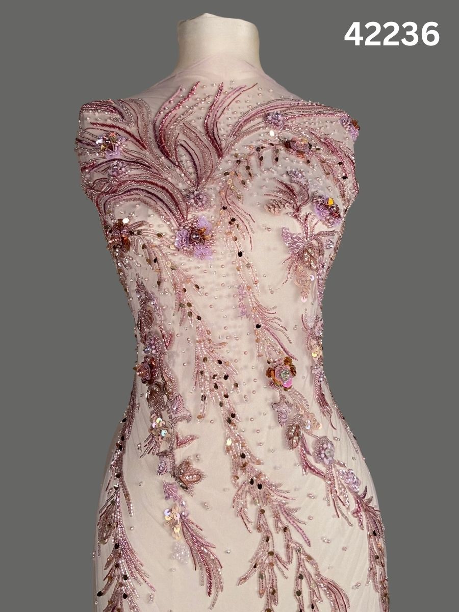 #42236 Luxurious Fabric with Floral Design, Beaded with Exquisite Beads, Rhinestones, Sequins, and Intricate Thread Work – A Regal Touch of Elegance