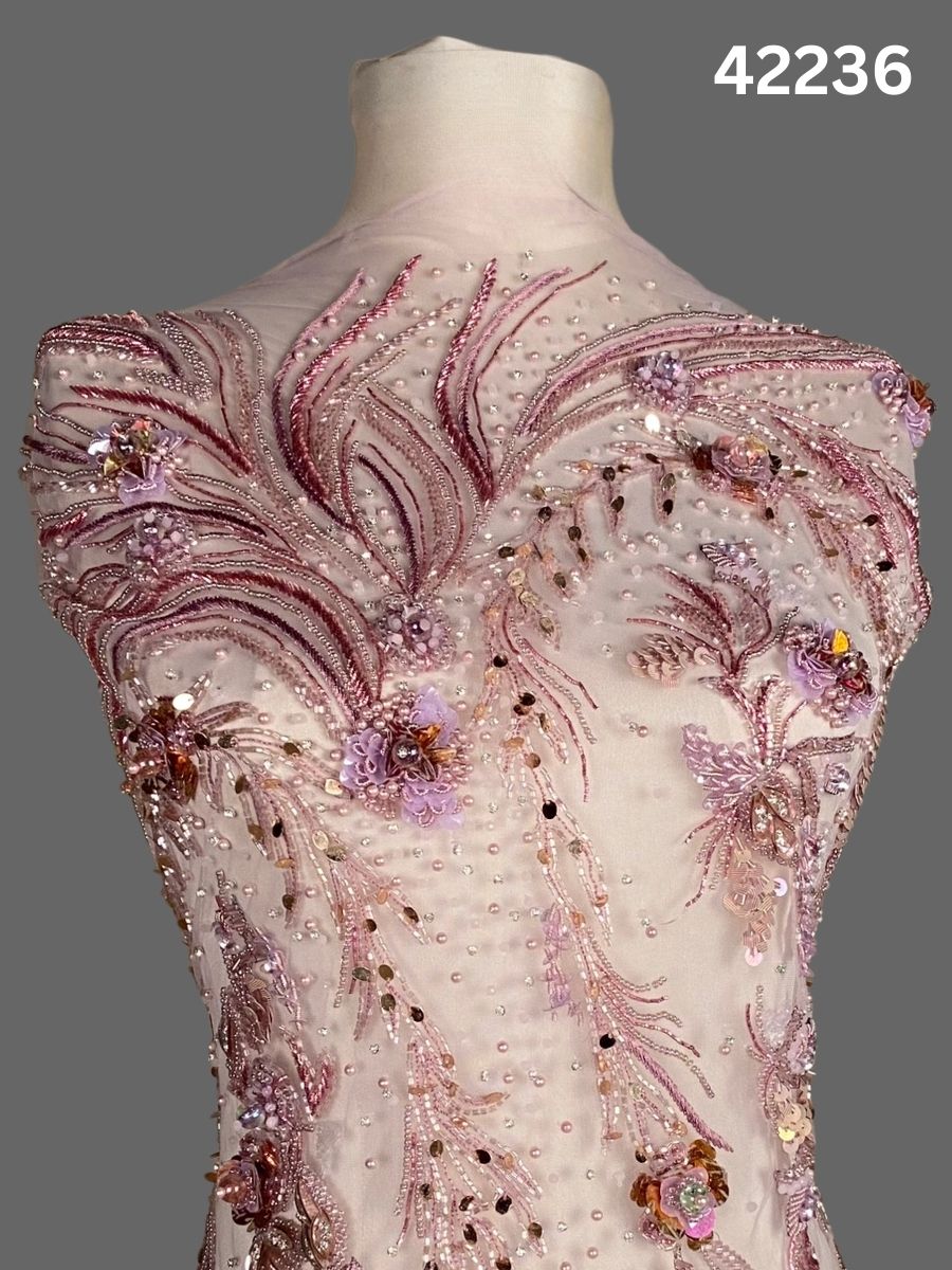 #42236 Luxurious Fabric with Floral Design, Beaded with Exquisite Beads, Rhinestones, Sequins, and Intricate Thread Work – A Regal Touch of Elegance